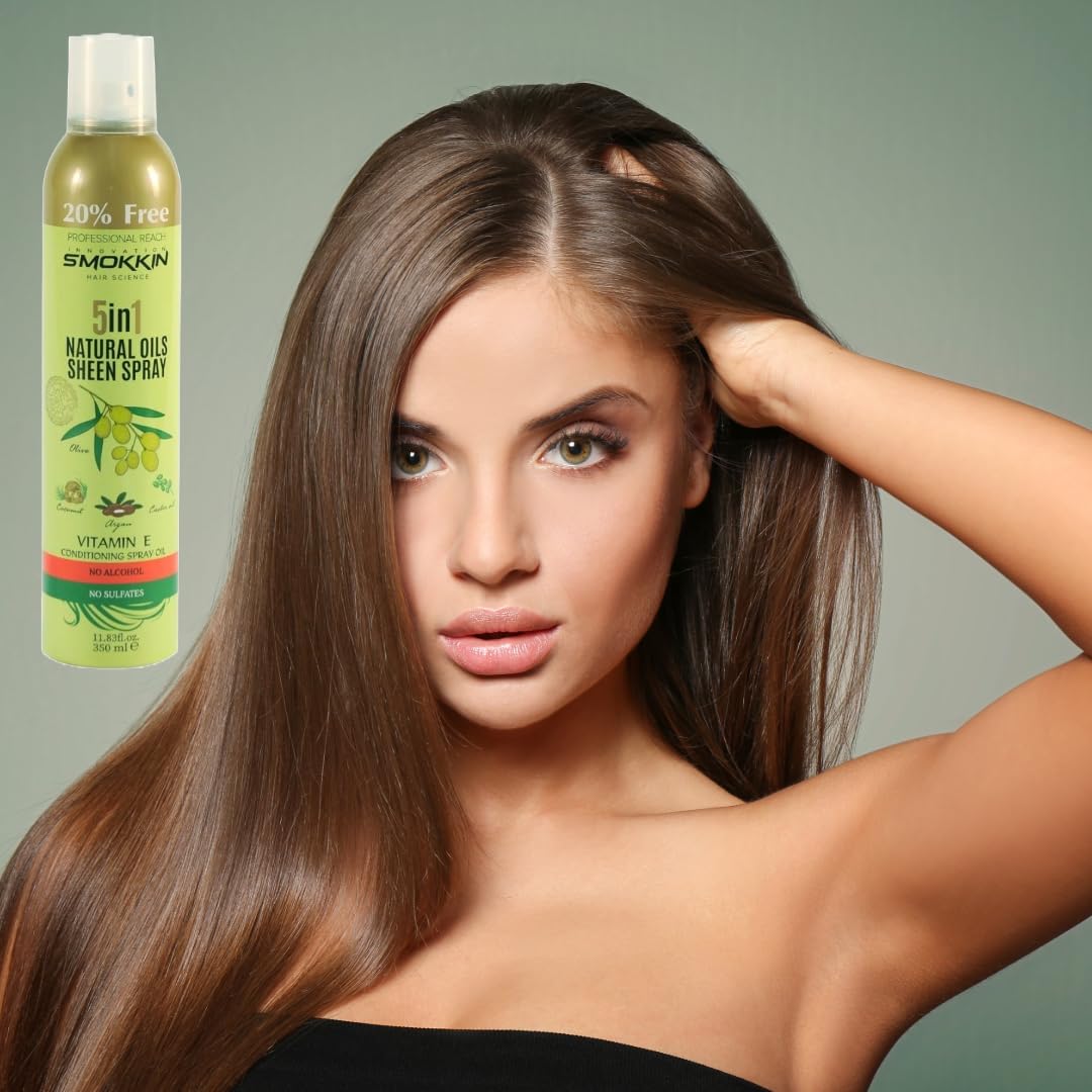 SMOKKIN 5-in-1 Natural Oil Sheen Spray - Hair Shine & Growth Mist with Coconut, Argan, Olive, Castor Oil & Vitamin E - Silky Smooth Finish - 350ml (11.83 FL OZ)
