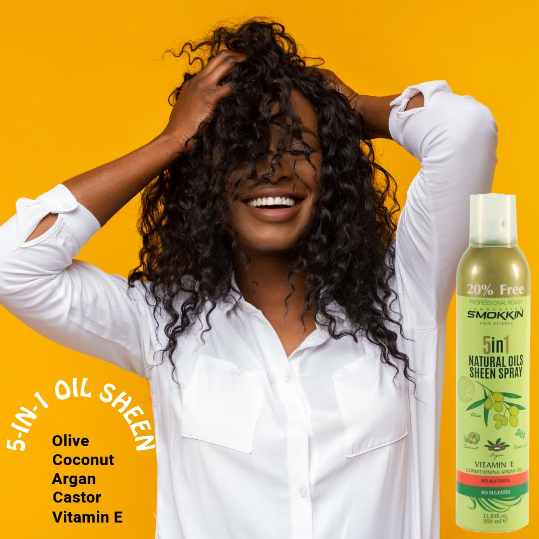 SMOKKIN 5-in-1 Natural Oil Sheen Spray - Hair Shine & Growth Mist with Coconut, Argan, Olive, Castor Oil & Vitamin E - Silky Smooth Finish - 350ml (11.83 FL OZ)