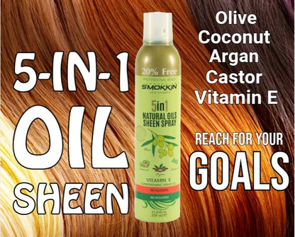 SMOKKIN 5-in-1 Natural Oil Sheen Spray - Hair Shine & Growth Mist with Coconut, Argan, Olive, Castor Oil & Vitamin E - Silky Smooth Finish - 350ml (11.83 FL OZ)