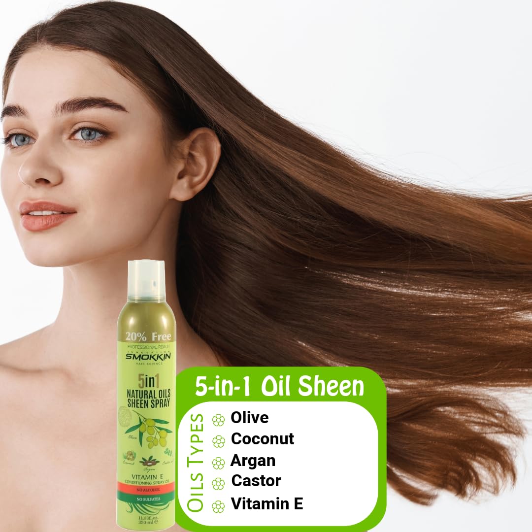 SMOKKIN 5-in-1 Natural Oil Sheen Spray - Hair Shine & Growth Mist with Coconut, Argan, Olive, Castor Oil & Vitamin E - Silky Smooth Finish - 350ml (11.83 FL OZ)